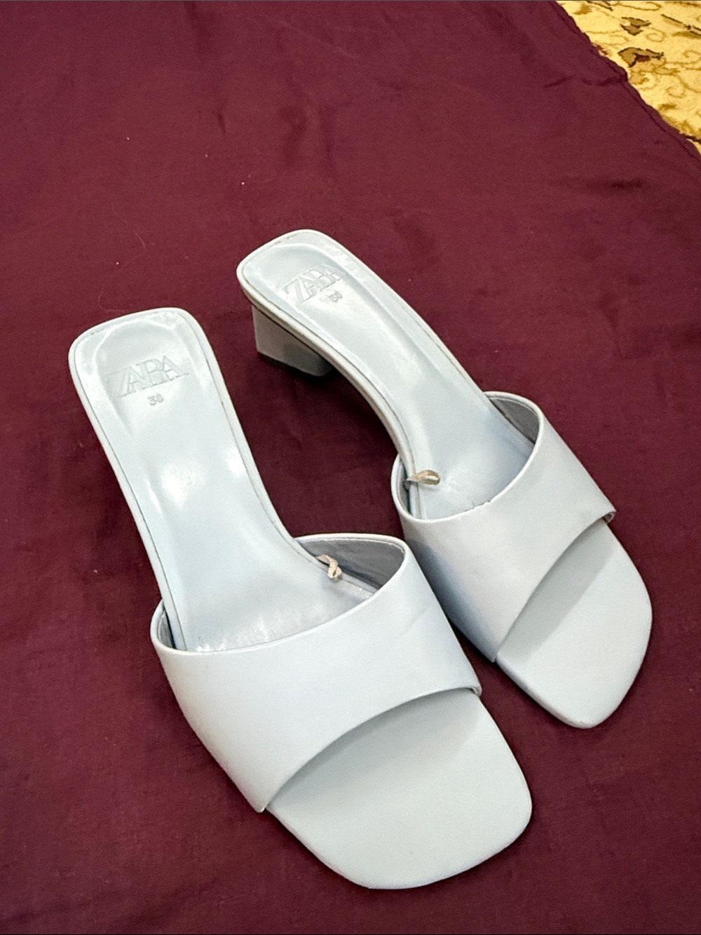 Zara Blue Square-Toe Slide Heels